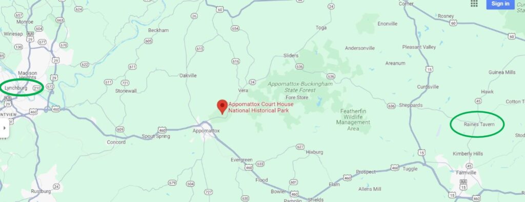 A map showing Appomattox Court House, L:ynchburg to the west and Raines Tavern to the right