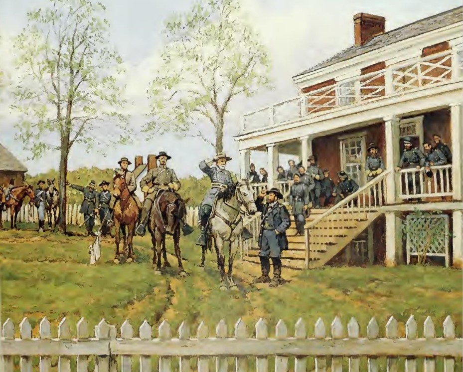 Lee leaving McLean's house after the surrender. Appomattox Court House. American Civil War.