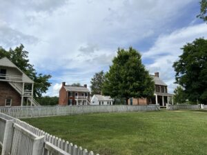 A view of the Clover Hill Tavern and some outbuildings at Appomattox Court House.