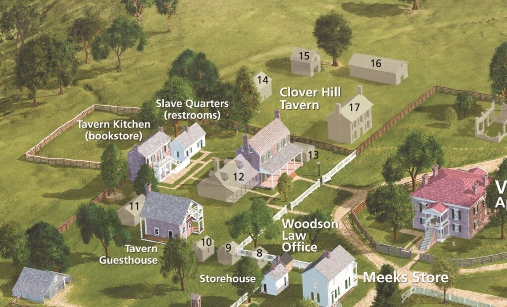 A map showing the Clover Hill Tavern and outbuildings at Appomattox Court House.