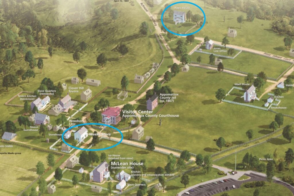 The park map showing the Plunkett-Meeks store and Plunkett's residence in the village, Peers House.