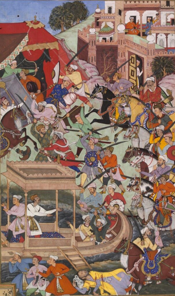 Bairam Khan's assassination, in the Akbarnama. He was prime minister of the Mughal Empire and was driven from his place by the ladies of Akbar's harem