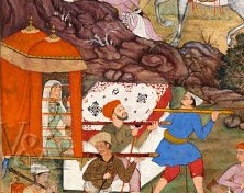 A close up of the painting from the Akbarnama, with Salima Sultan Begam in the palanquin.