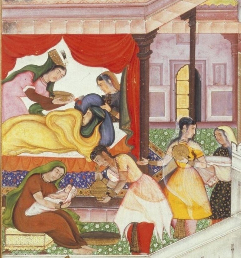 The baby Prince Salim being bathed right after his birth.